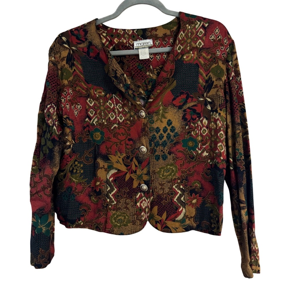 Maren Vintage Rayon Patchwork Button Front Blouse Jacket Medium USA Made